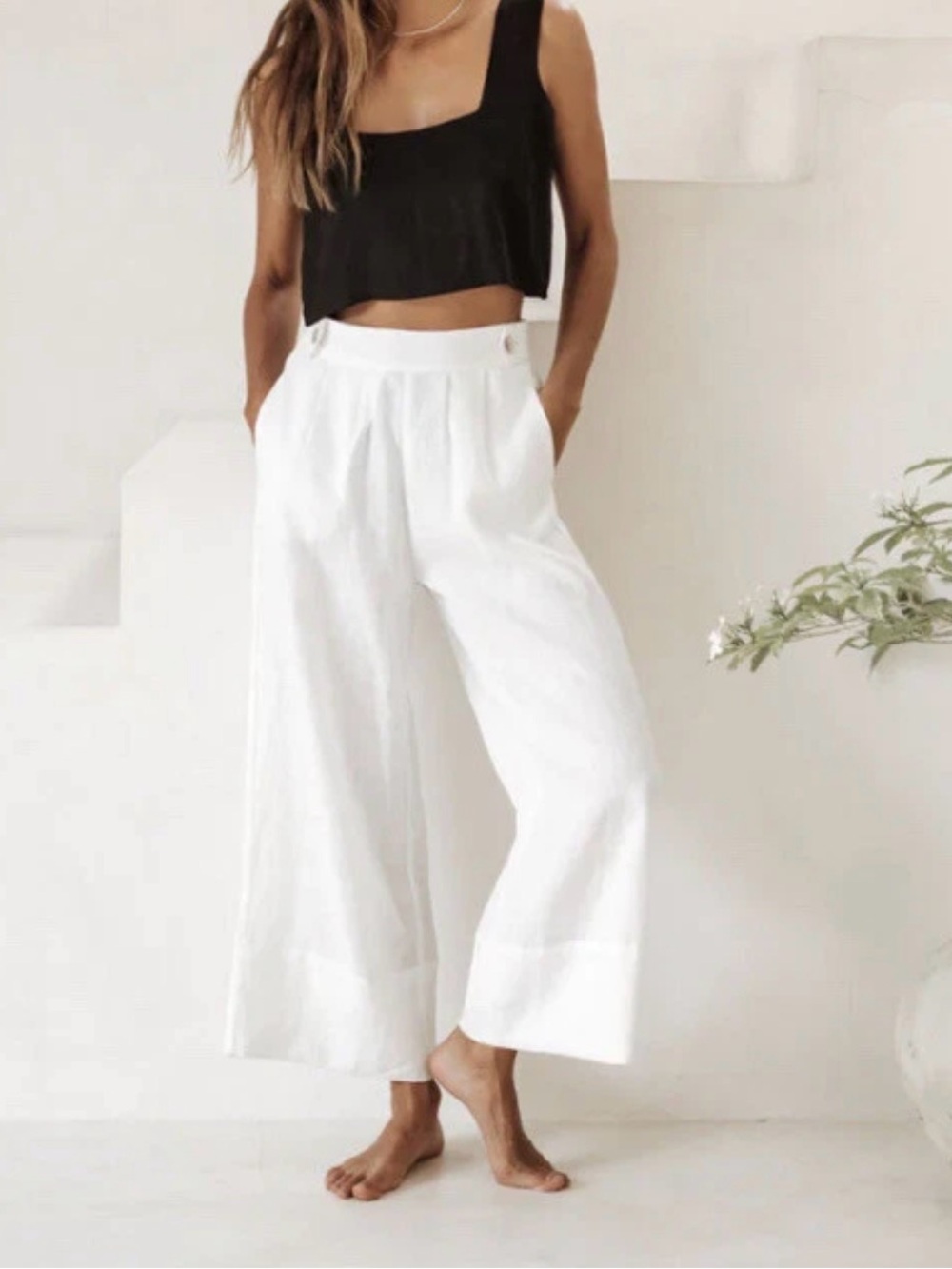 Free The Label Women’s M Monaco White Linen Pull On Pants Pockets Handmade